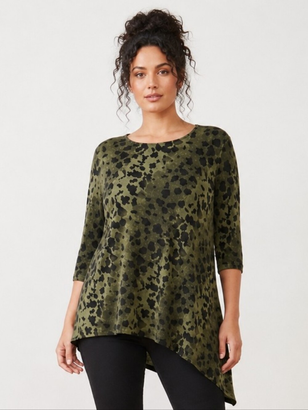 CitiKnits Green Black Leopard Tunic XL Asymmetrical Hem Stretch Top